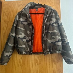 Camouflage Puffer Jacket with Orange Lining